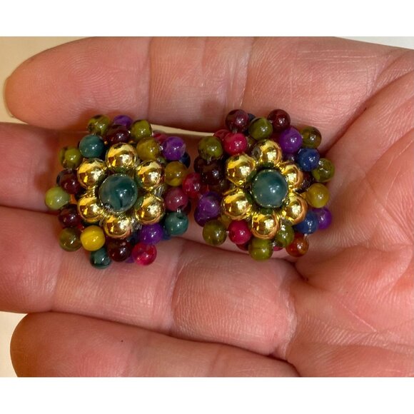 Mid-Century Cluster Earrings - Multi jewel tones w/ gold hexagon - Picture 6 of 6